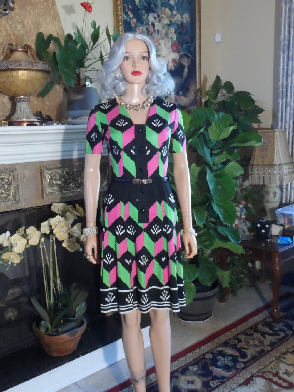 Vintage Lanvin Paris Multicolor Geometric Print Shirt Dress Size 8